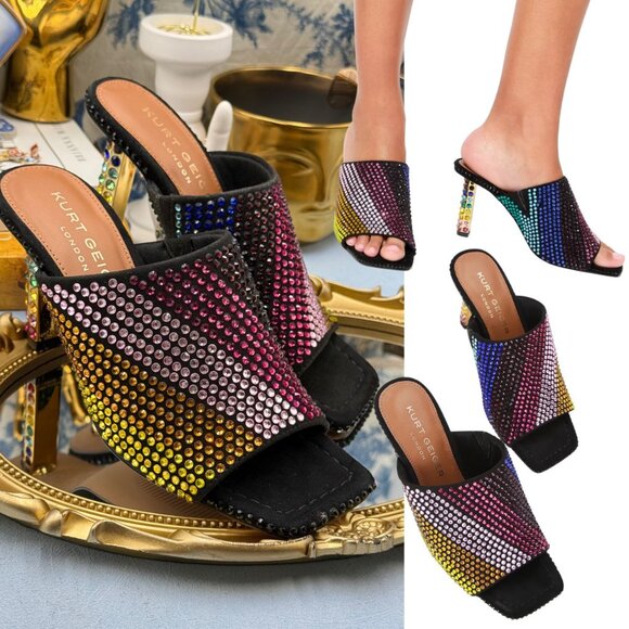 🆕 KURT GEIGER LONDON 🧿 NWOB Mayfair Rainbow Crystal High Mule Heel, Sz 36 US 6